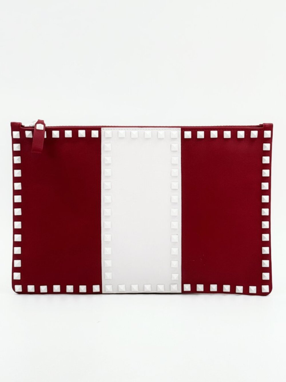 Valentino Garavani Rockstud Red White Leather Zip Clutch Pouch Document Case